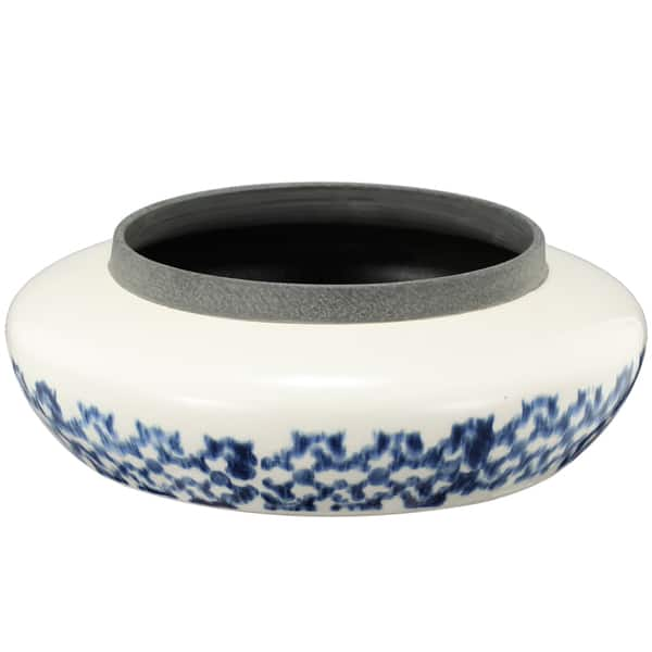 slide 1 of 1, Sumarr White/Blue Ceramic 10.5-inch x 3.5-inch Short Round Planter