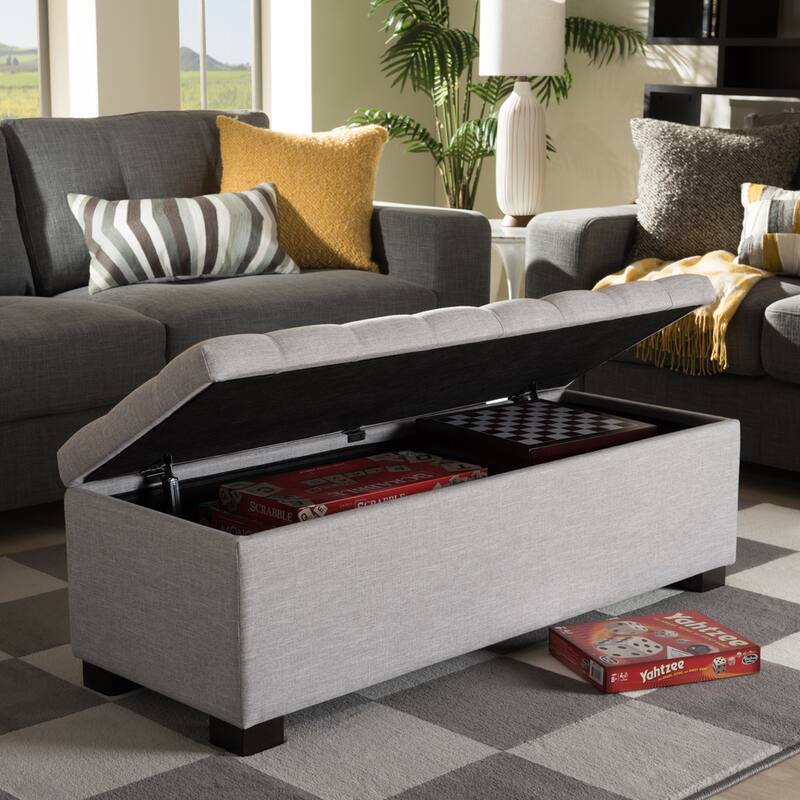 Baxton Studio Alcmene Modern and Contemporary Grayish Beige Fabric Upholstered Grid-Tufting Storage Ottoman Bench
