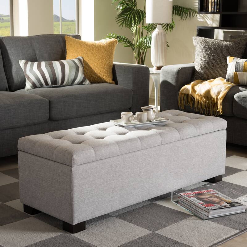 Baxton Studio Alcmene Modern and Contemporary Grayish Beige Fabric Upholstered Grid-Tufting Storage Ottoman Bench