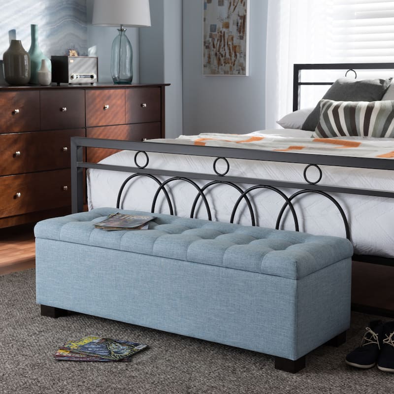 Baxton Studio Alcmene Modern and Contemporary Light Blue Fabric Upholstered Grid-Tufting Storage Ottoman Bench