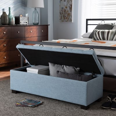 Baxton Studio Alcmene Modern and Contemporary Light Blue Fabric Upholstered Grid-Tufting Storage Ottoman Bench