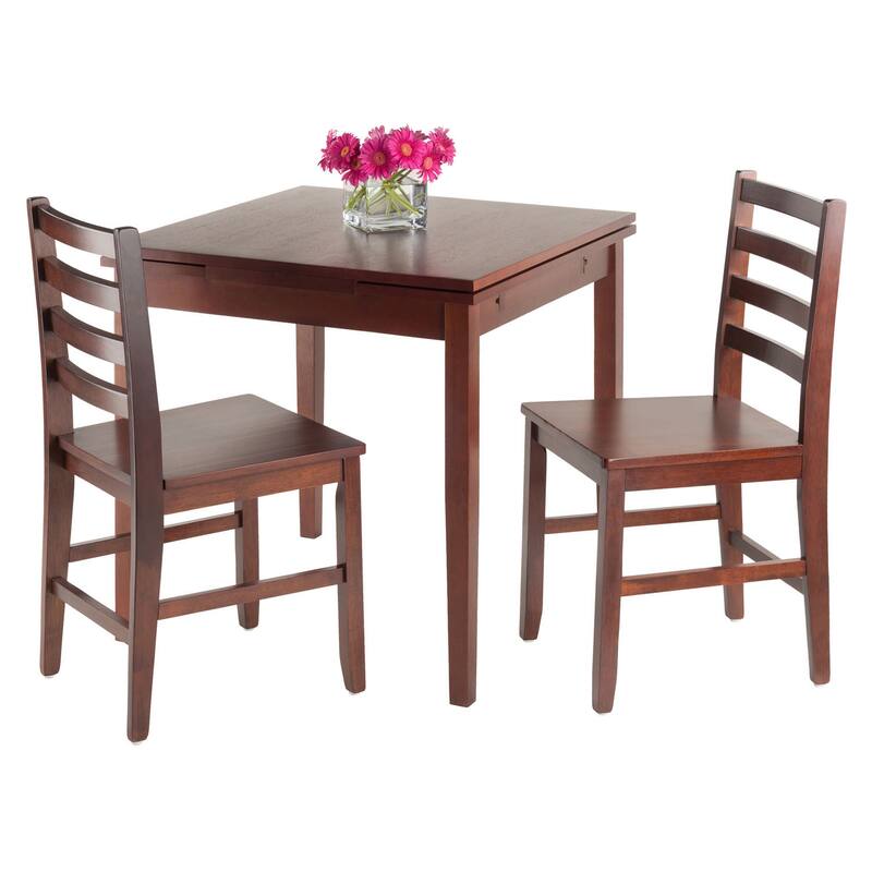 Winsome Pulman Walnut Wood Extension Dining Table With 2 Ladder Back Chairs