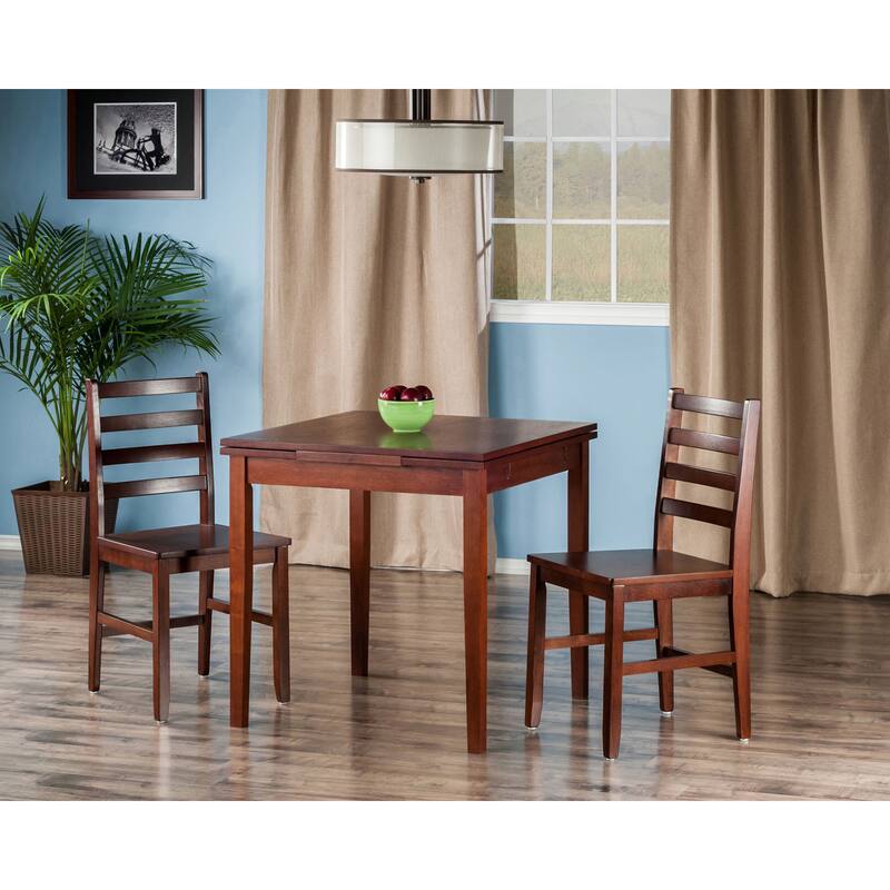 Winsome Pulman Walnut Wood Extension Dining Table With 2 Ladder Back Chairs