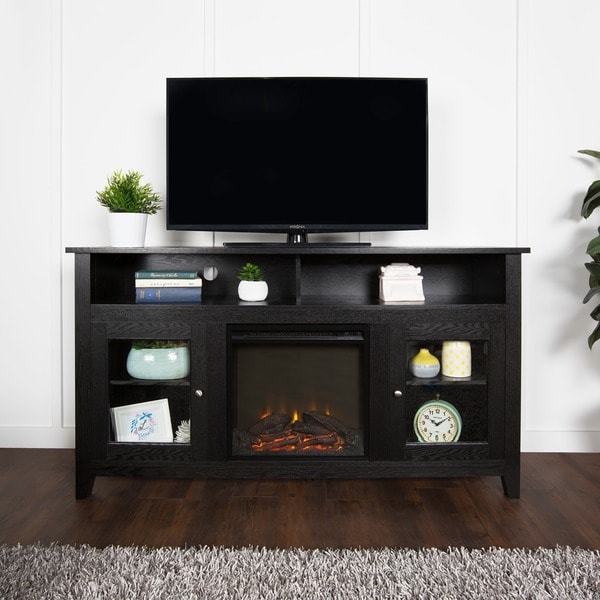 Shop 58-inch Black Wood Highboy Fireplace TV Stand - On ...