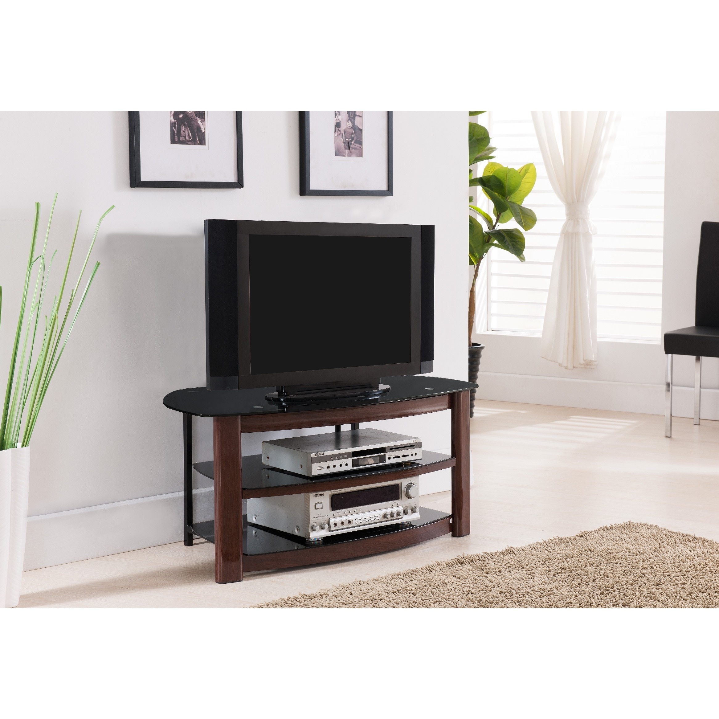 K&B E1042 Black Metal, Glass, and Wood TV Stand Black Modern