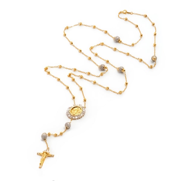 Pori Gold Plated Two-Tone/Rhodium Plated Sterling Silver Beaded Fancy Rosary Necklace With Cruci