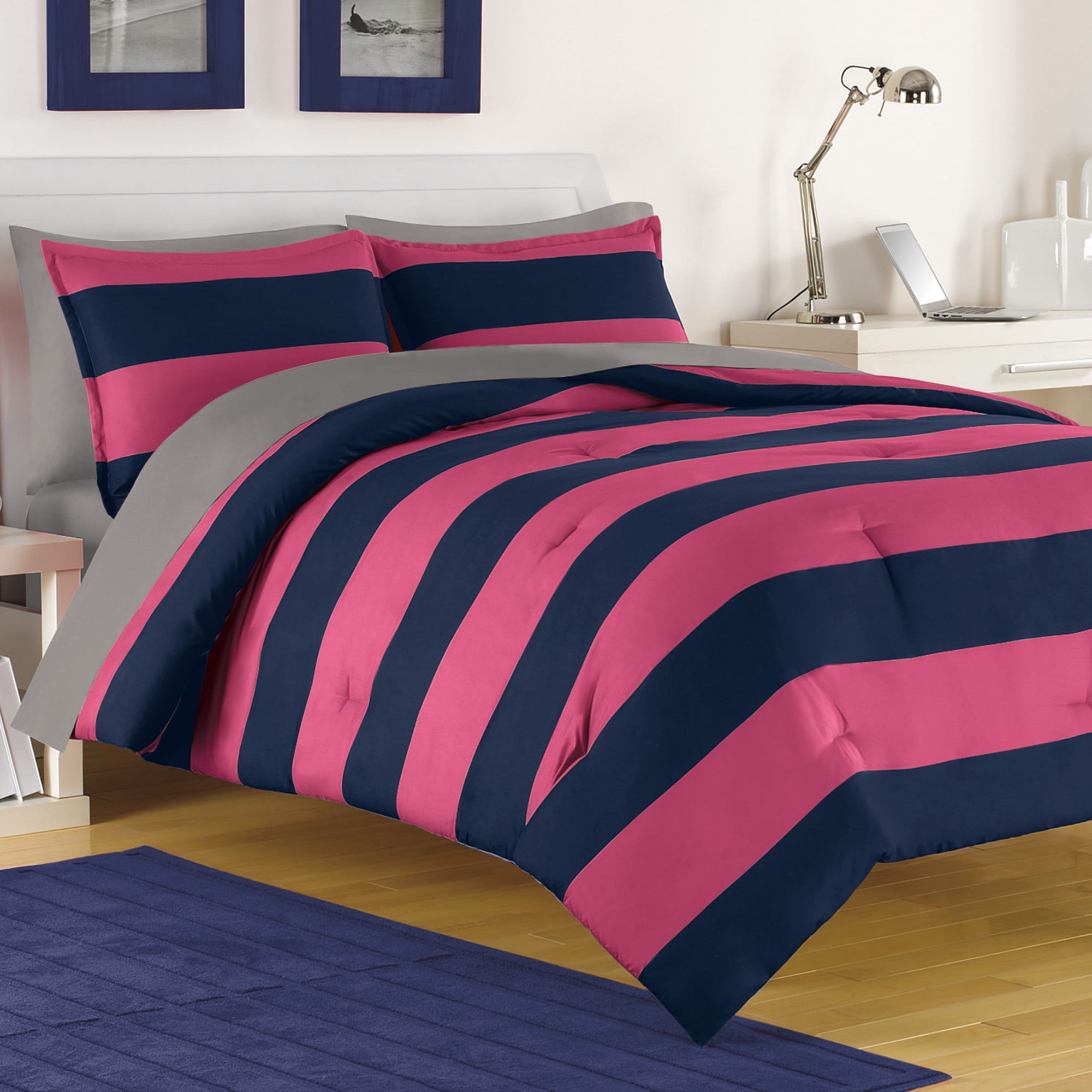 Shop Izod Rugby Stripe Navy Pink Comforter Set Overstock 11992710