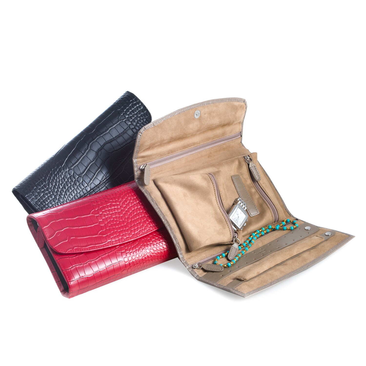 Bey Berk Orange "Lizard" Leather Two Level Jewelry Case Zipper Closures 