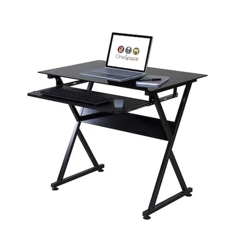 One Space 50-JN1205 Black Glass Computer Desk with Pull-out Keyboard Tray