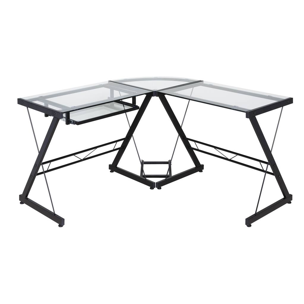 One Space 50-JN110500 Black and Clear Glass L-shape Desk with Pull-out Keyboard Tray