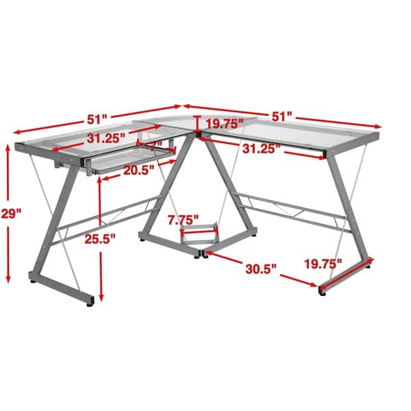 One Space Silver and Clear Glass Lshape Desk with Pullout Keyboard