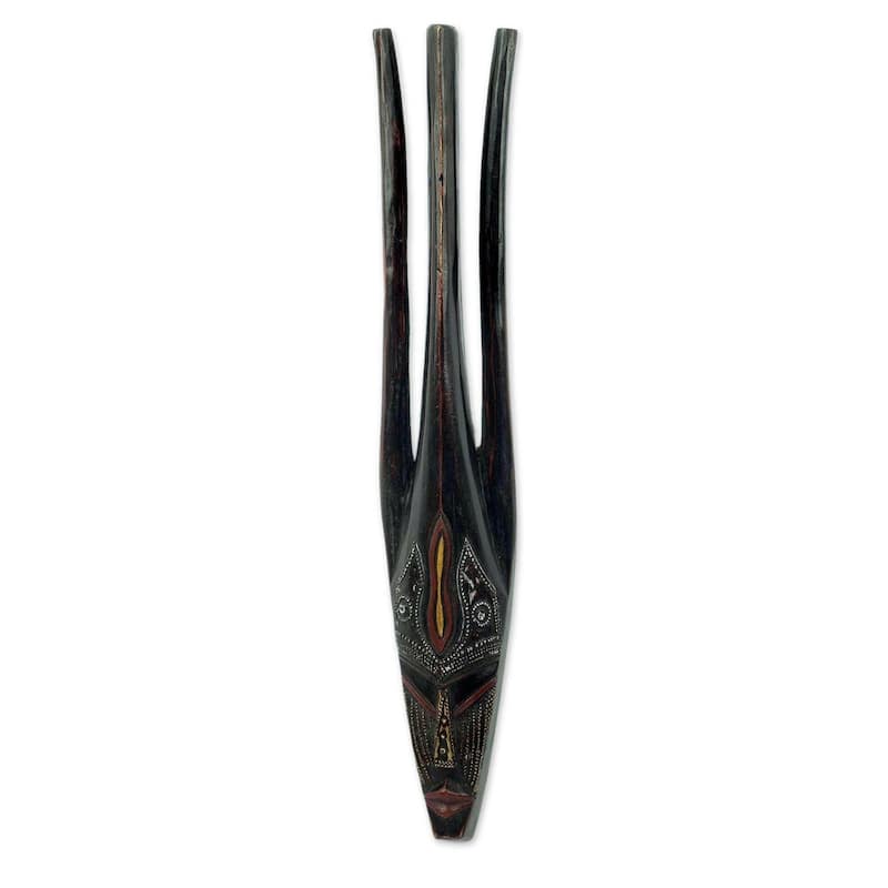 Handmade African Wood Bambara Woman Mask (Ghana) - 19" H x 3.3" W x 1.8" D - 19" H x 3.3" W x 1.8" D - Black