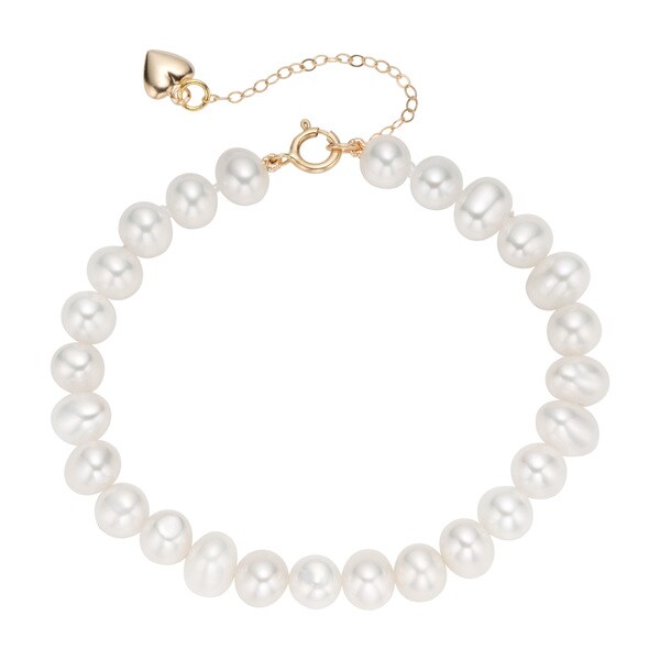 Pearlyta 14k Yellow Gold 4-5mm White Cultured Freshwater Pearl Heart Charm Bracelet for Babies - Red. Opens flyout.