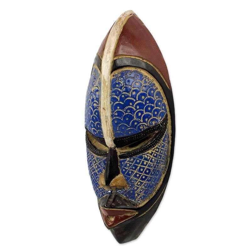 Handmade African Wood Zulu Blue Mask (Ghana)