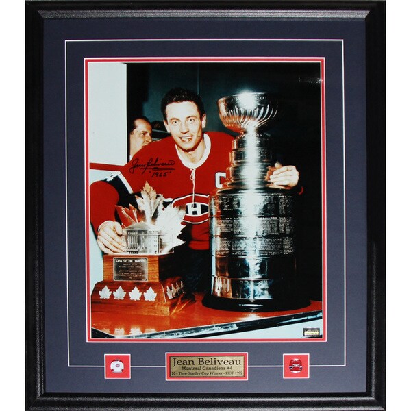 Jean Beliveau Montreal Canadiens Stanley Cup Trophies Signed 16x20-inch Frame