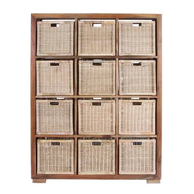 Brown Teak/Rattan 65-inch 12-compartment Basket Cabinet