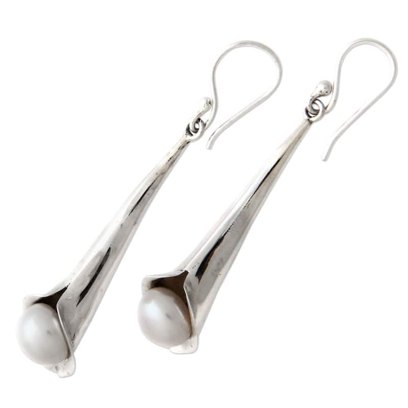 NOVICA Handmade Sterling Silver 'Trumpet Flower' 8mm Pearl Earrings (Indonesia) - White - 2*0.4