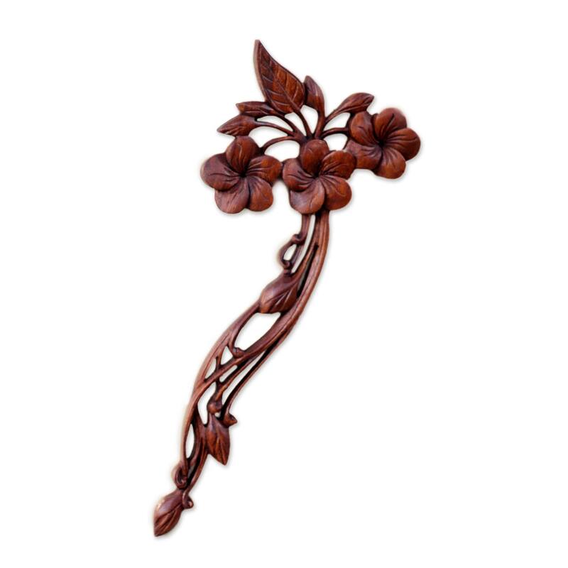 NOVICA Handcrafted Suar Wood 'Plumeria Bouquet' Relief Panel (Indonesia)