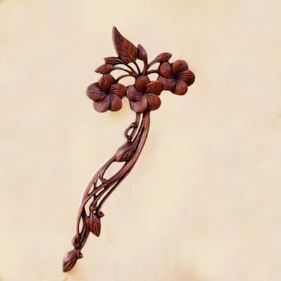NOVICA Handcrafted Suar Wood 'Plumeria Bouquet' Relief Panel (Indonesia)