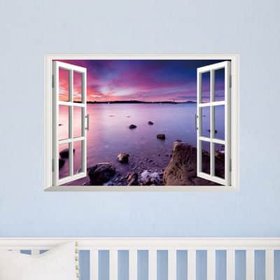 HomeSource Window of a Pink Sunset Beach 19-inch x 27-inch Removable Wall Graphic