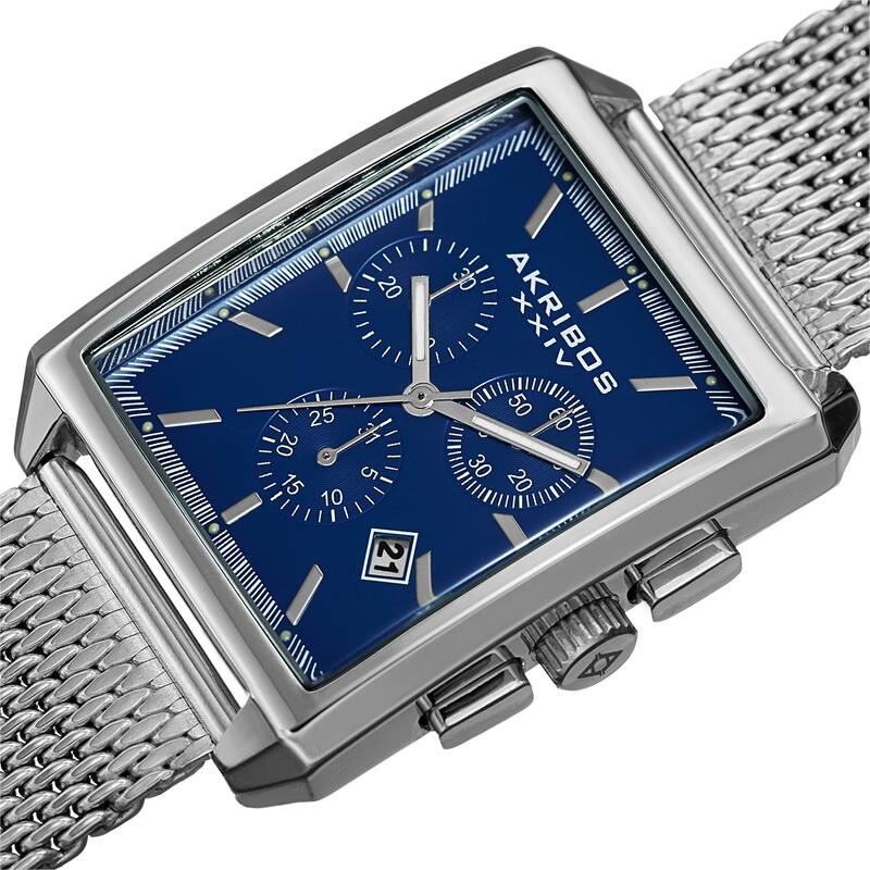 Akribos XXIV Men's Rectangular Chronograph Date Silver-tone/ Blue Bracelet Watch
