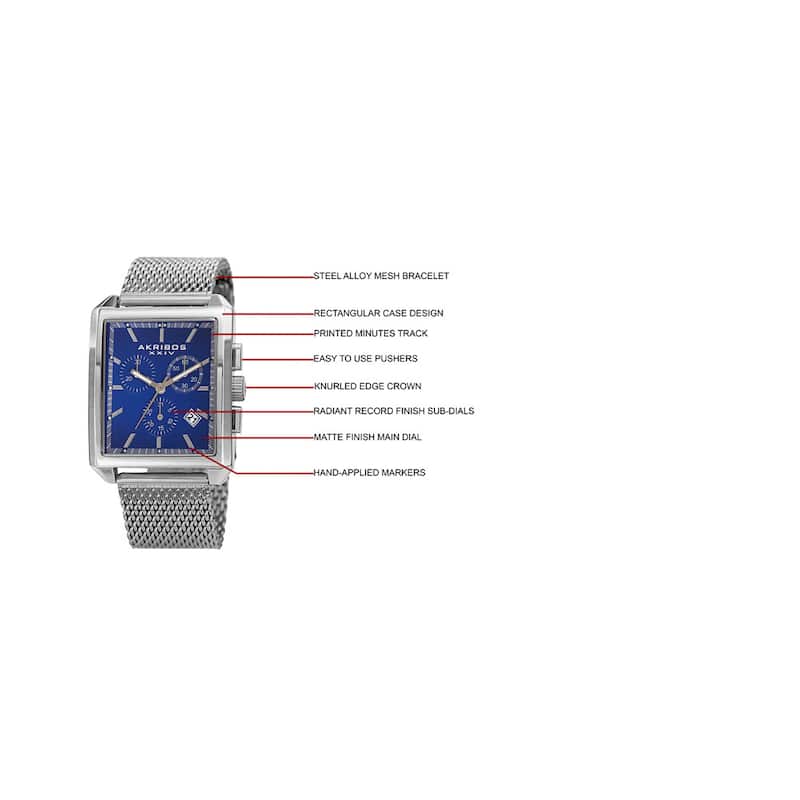Akribos XXIV Men's Rectangular Chronograph Date Silver-tone/ Blue Bracelet Watch