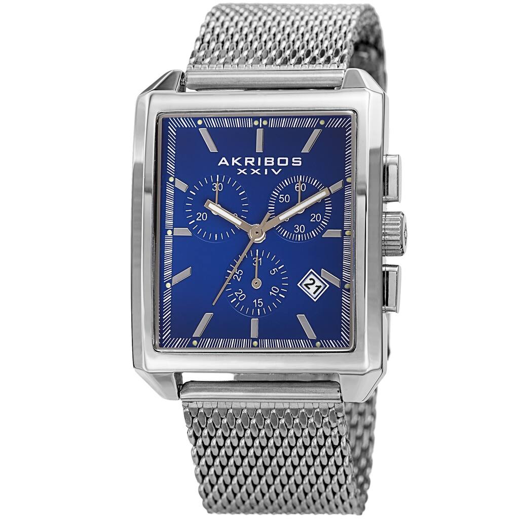 Akribos XXIV Men's Rectangular Chronograph Date Silver-tone/ Blue Bracelet Watch