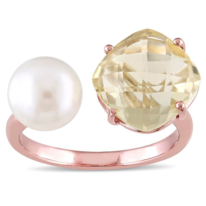 Miadora Rose Plated Silver Lemon Quartz and Freshwater White Pearl Open Cuff Ring - Yellow - Size 5.5