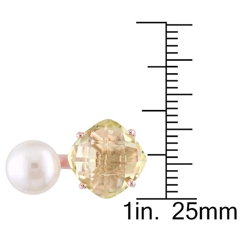 Miadora Rose Plated Silver Lemon Quartz and Freshwater White Pearl Open Cuff Ring - Yellow
