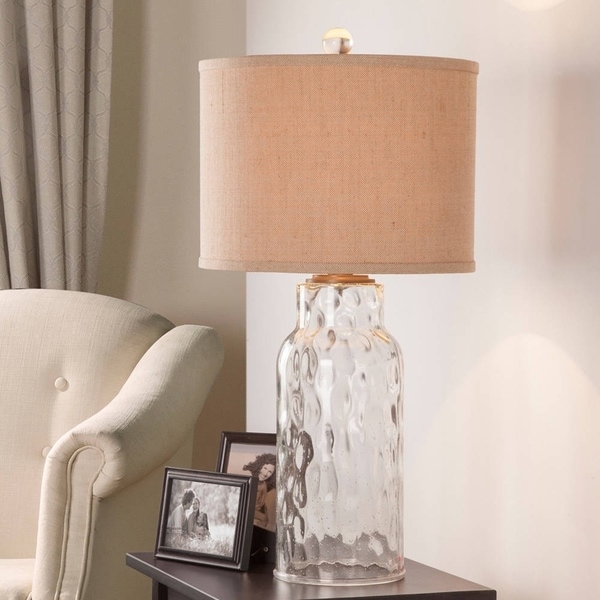 Catalina Ollie 19144-001 3-Way 29-Inch Clear Dimpled Glass Table Lamp with Textured Linen Drum Hardback Shade, Bulb Included