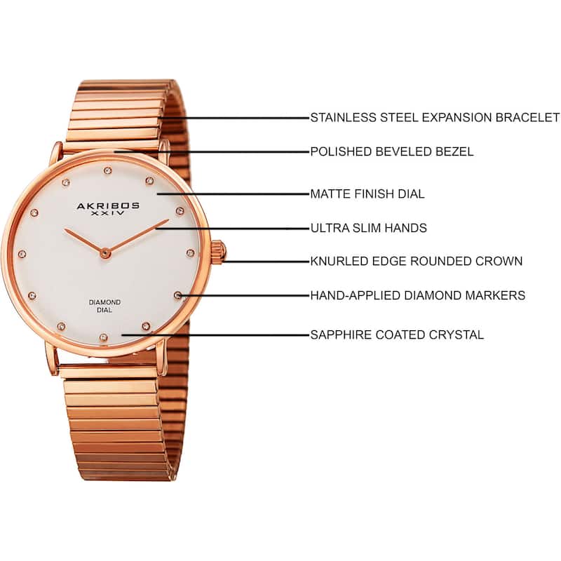 Akribos XXIV Women's Quartz Diamond Rose-Tone Bracelet Watch