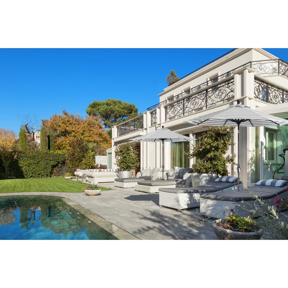 California Umbrella 9' Rd. Aluminum Market Umbrella, Deluxe Crank Lift with Collar Tilt, Sand Frame Finish, Sunbrella Fabric