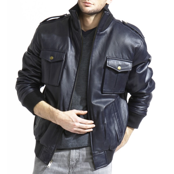 Men's Navy Blue Lamb-leather Bomber Jacket - Free Shipping Today ...