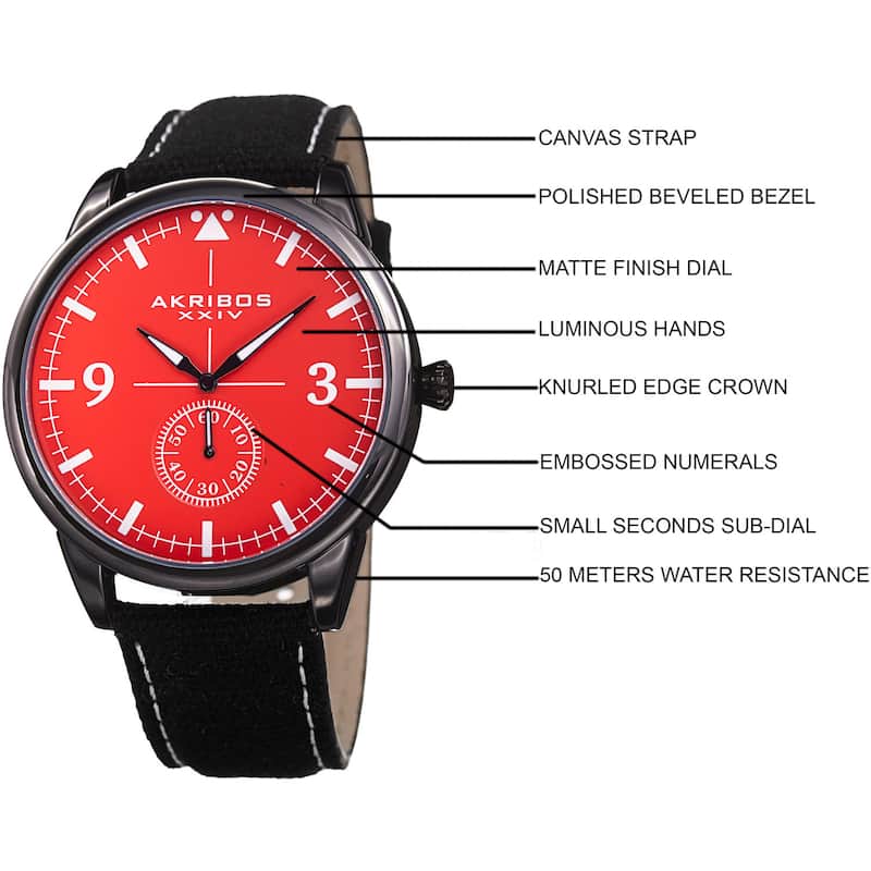 Akribos XXIV Men's Quartz Red Canvas Leather Strap Watch