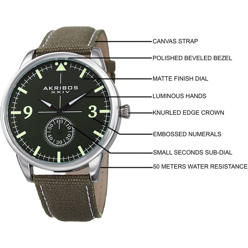 Akribos XXIV Men's Quartz Green Canvas Leather Strap Watch