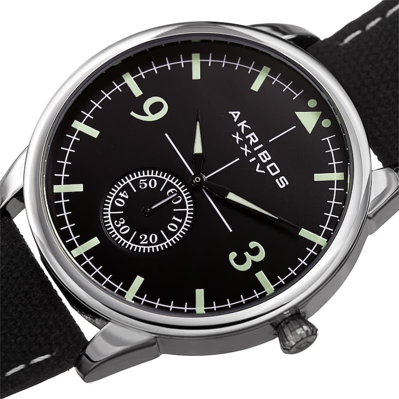 Akribos XXIV Men's Quartz Black Canvas Leather Strap Watch