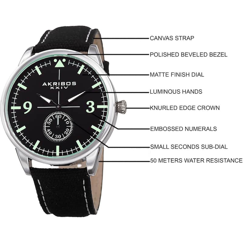 Akribos XXIV Men's Quartz Black Canvas Leather Strap Watch
