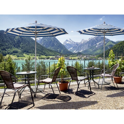 California Umbrella 9' Rd. Aluminum Frame, Fiberglass Rib Market Umbrella, Push Open,Anodized Silver Finish, Sunbrella Fabric