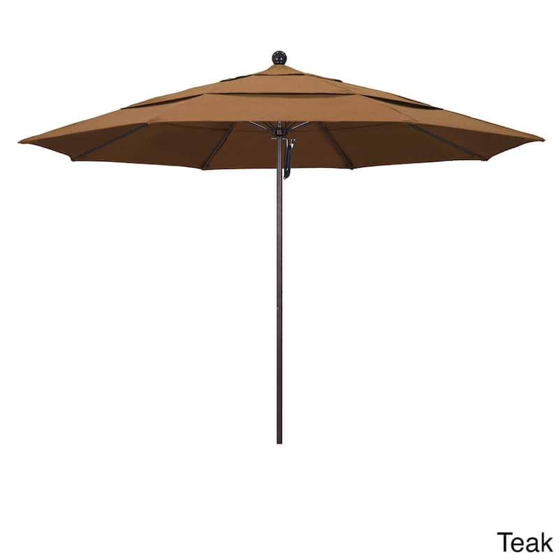 California Umbrella 11' Rd Aluminum Frame, Fiberglass Rib Patio Umbrella, Push Open, Bronze Finish, Sunbrella Fabric - Teak