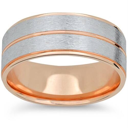 14k Rose & White Gold Two Tone Brushed 6mm Mens Brushed Wedding Band - 6.5