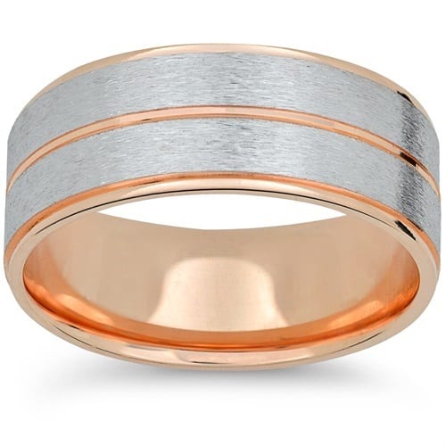 14k Rose & White Gold Two Tone Brushed 6mm Mens Brushed Wedding Band