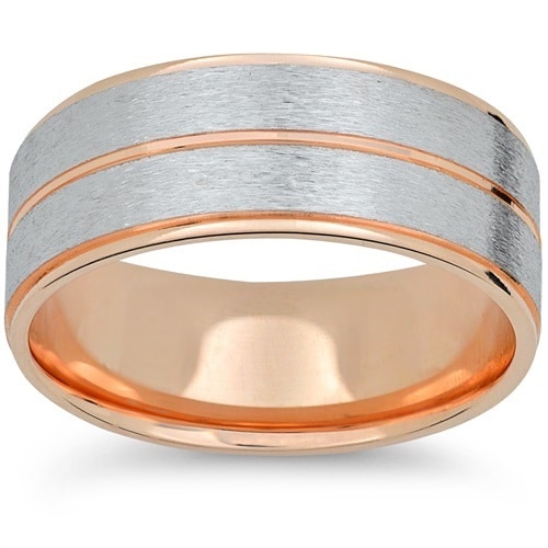 Bliss Diamond 14k Rose & White Gold Two Tone Brushed 6mm Mens Brushed Wedding Band