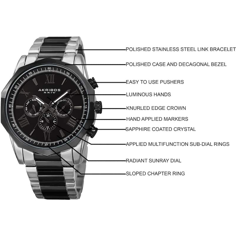 Akribos XXIV Men's Swiss Quartz Multifunction Two-Tone/Black Stainless Steel Bracelet Watch
