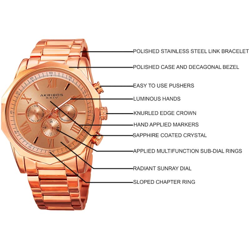 Akribos XXIV Men's Swiss Quartz Multifunction Rose-Tone Stainless Steel Bracelet Watch