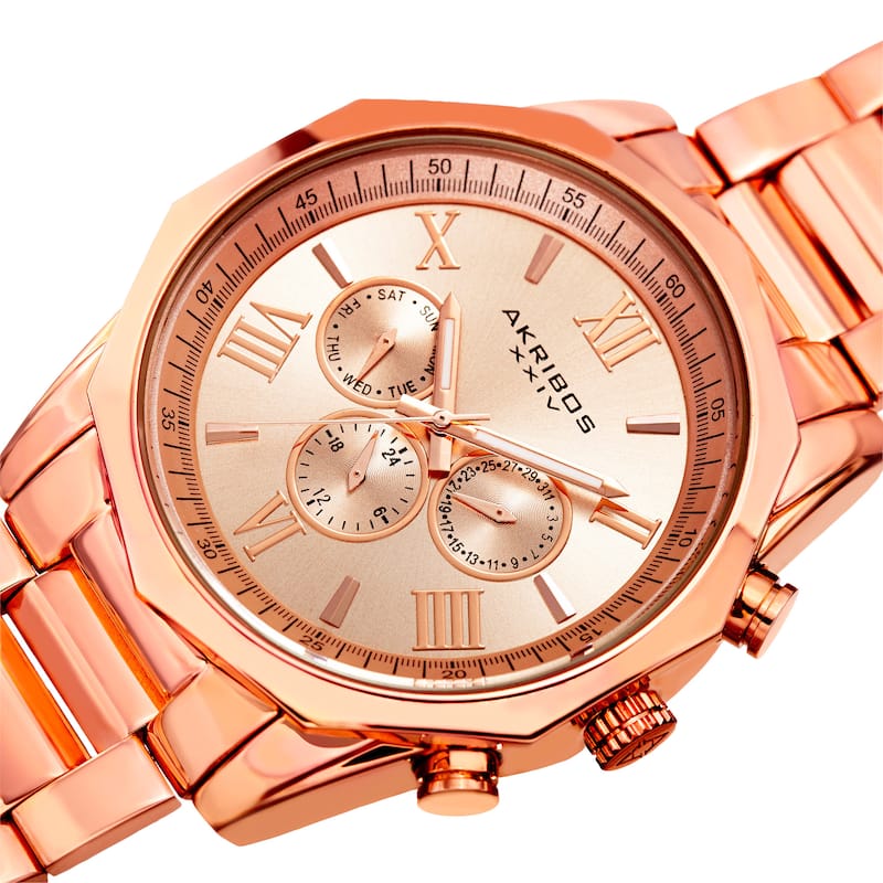 Akribos XXIV Men's Swiss Quartz Multifunction Rose-Tone Stainless Steel Bracelet Watch