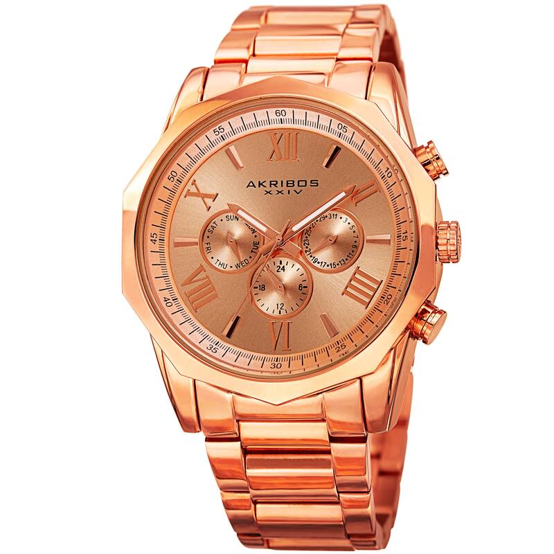 Akribos XXIV Men's Swiss Quartz Multifunction Rose-Tone Stainless Steel Bracelet Watch