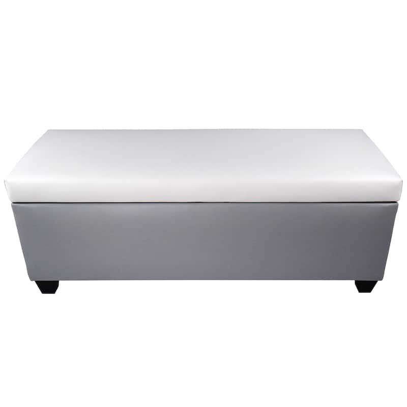 Mid Century Modern Grey Faux Leather Storage Bench Ottoman - White