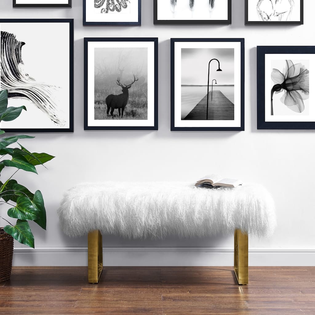 Sherpa Sheepskin Bench with Gold Legs