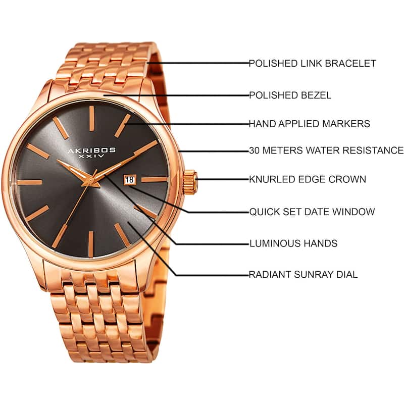 Akribos XXIV Men's Quartz Date Rose-Tone Stainless Steel Bracelet Watch