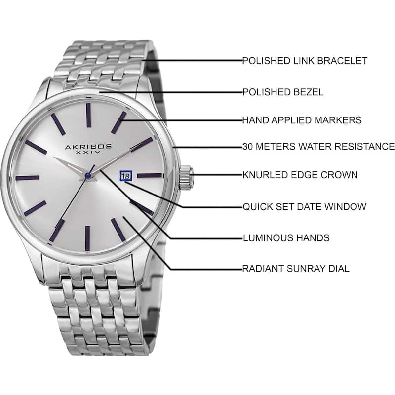 Akribos XXIV Men's Quartz Date Silver-Tone Stainless Steel Bracelet Watch